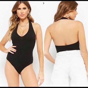 Black Ribbed Halter Bodysuit